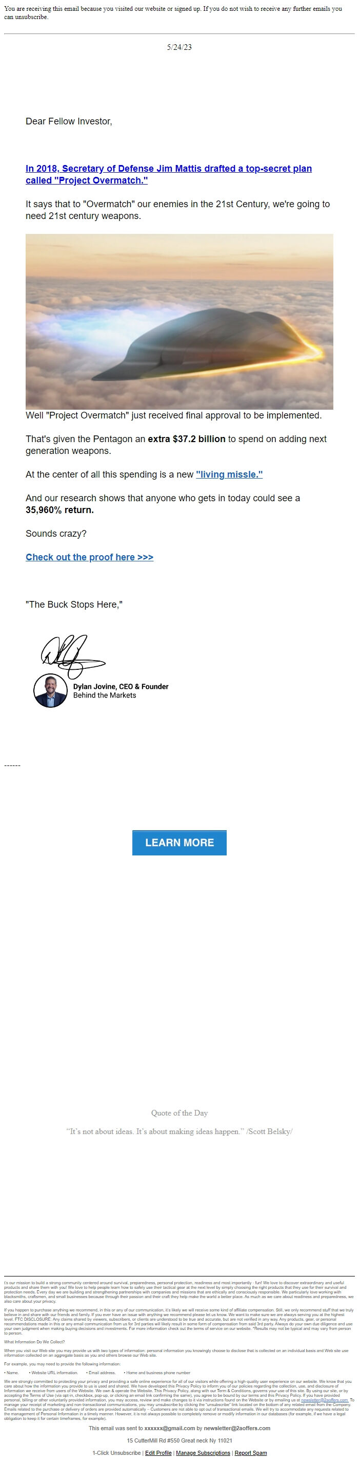 Screenshot of the email generated on import