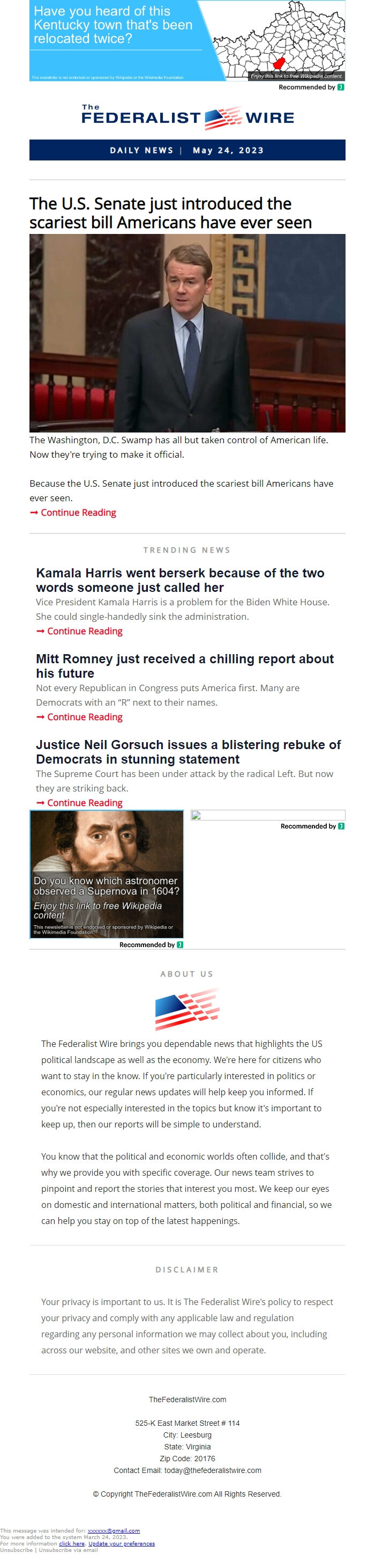 Screenshot of the email generated on import