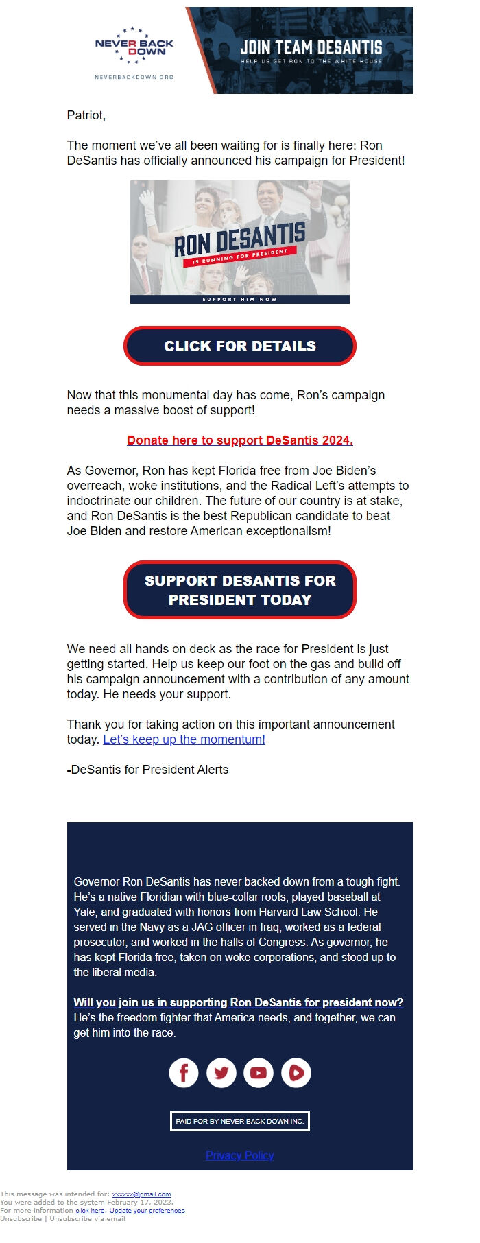 Screenshot of the email generated on import