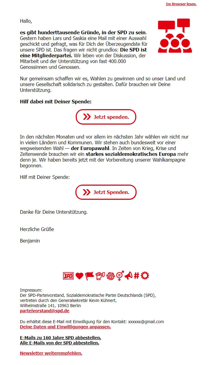 Screenshot of the email generated on import