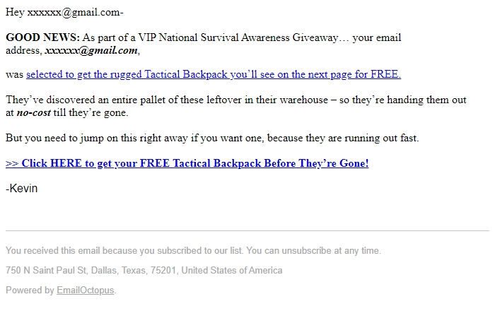 Screenshot of the email generated on import