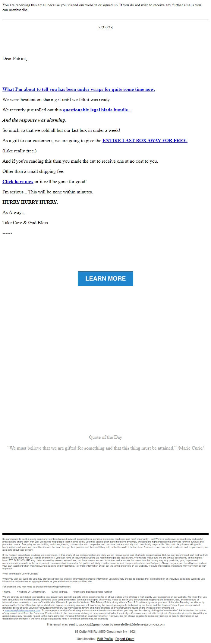 Screenshot of the email generated on import