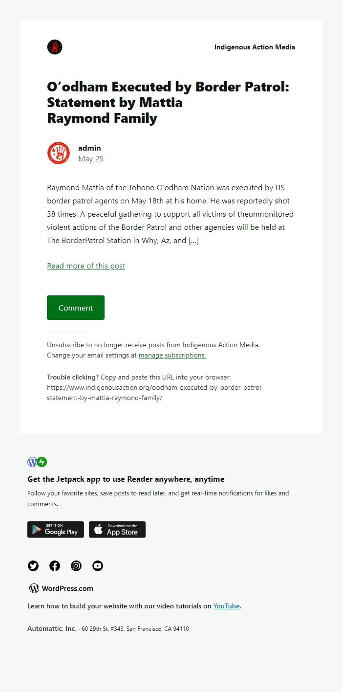 Screenshot of the email generated on import