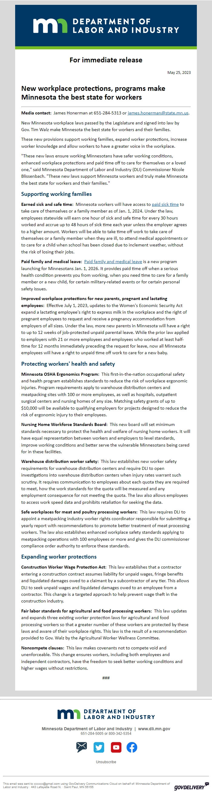 Screenshot of the email generated on import