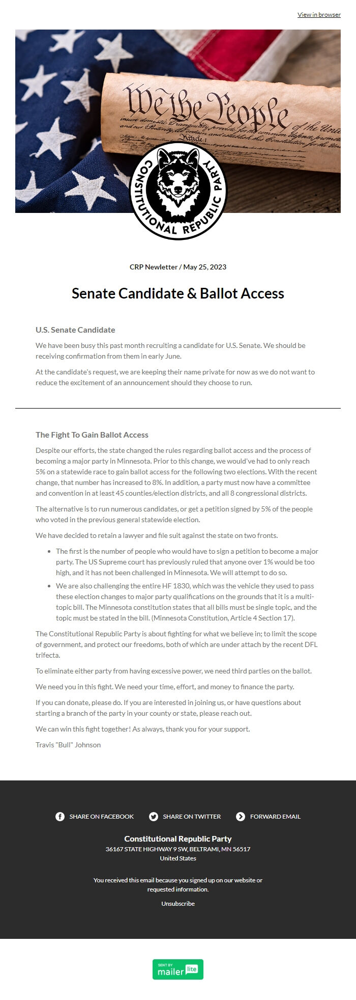 Screenshot of the email generated on import