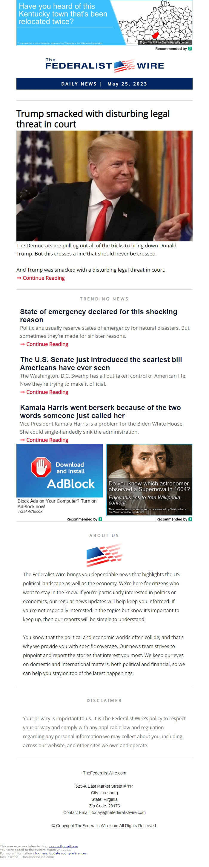 Screenshot of the email generated on import