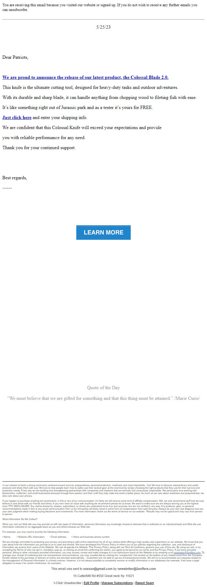 Screenshot of the email generated on import