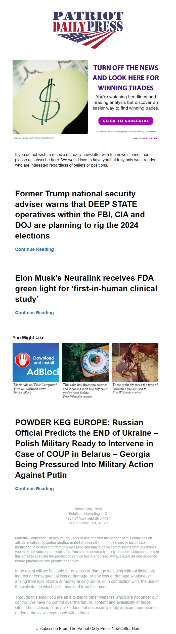 Screenshot of the email generated on import