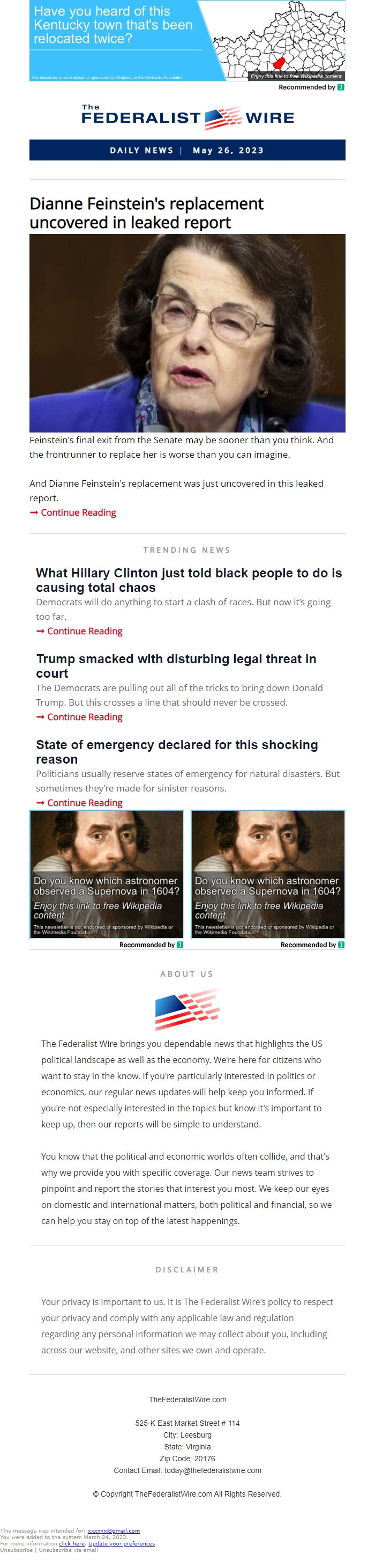 Screenshot of the email generated on import