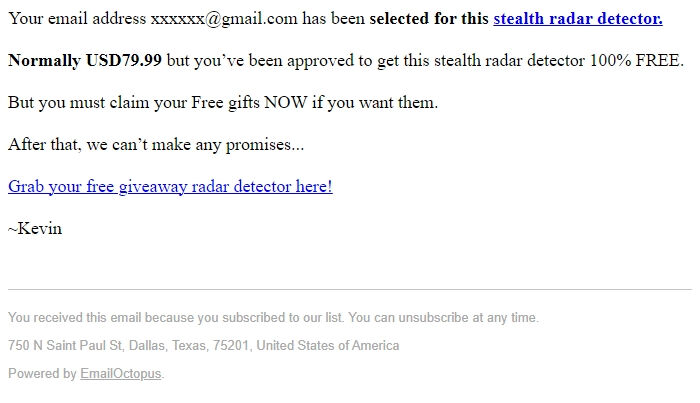 Screenshot of the email generated on import