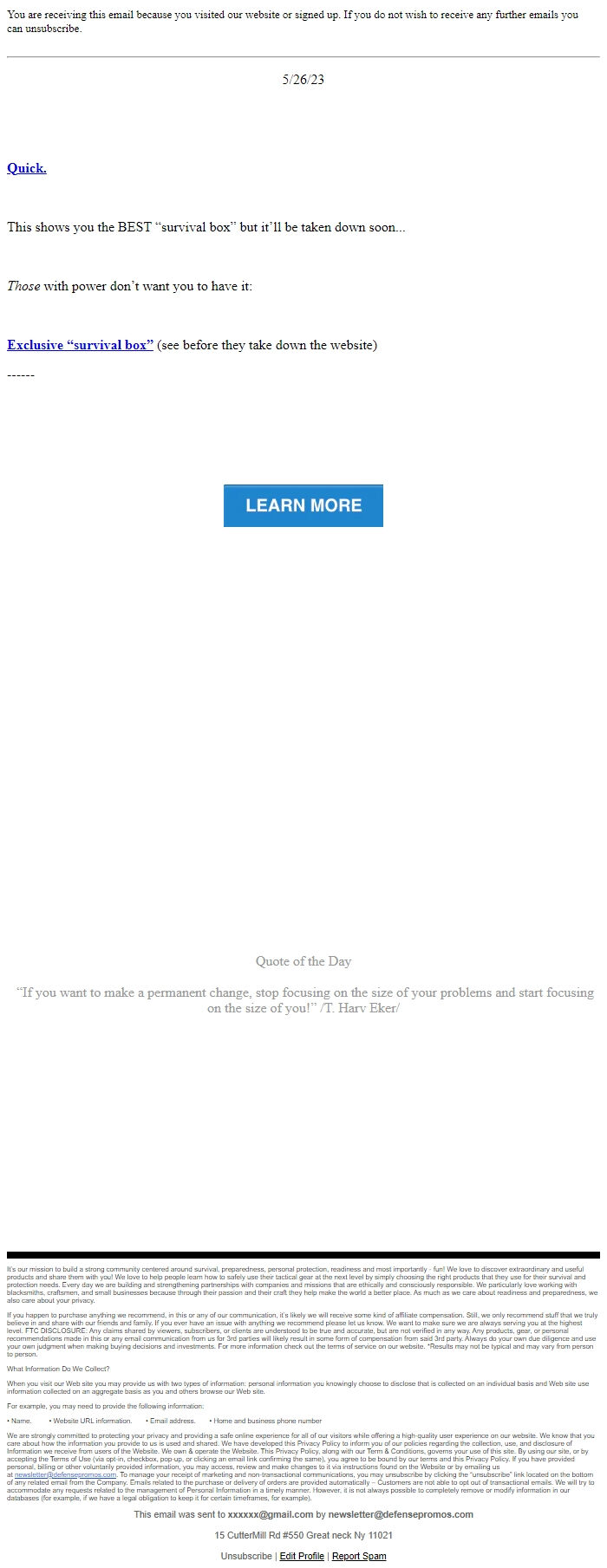 Screenshot of the email generated on import