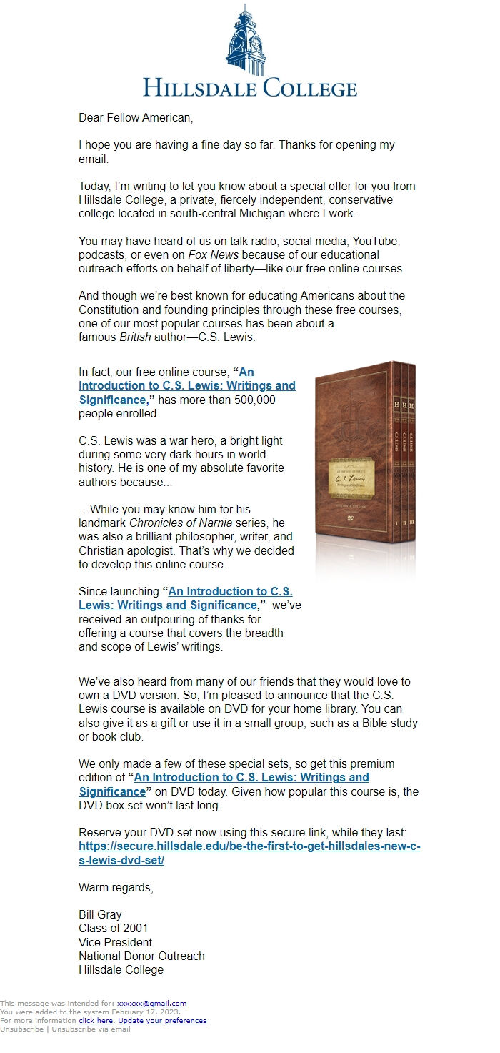 Screenshot of the email generated on import