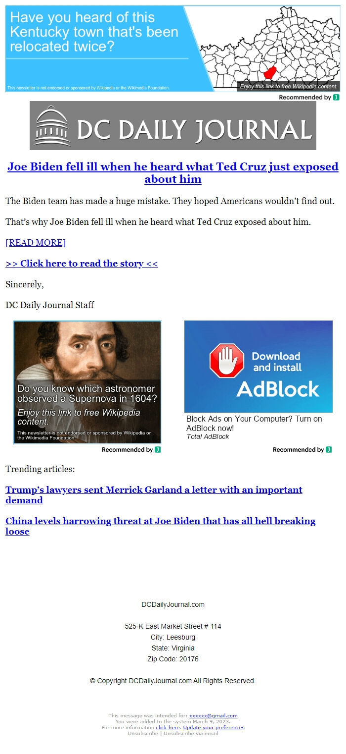 Screenshot of the email generated on import