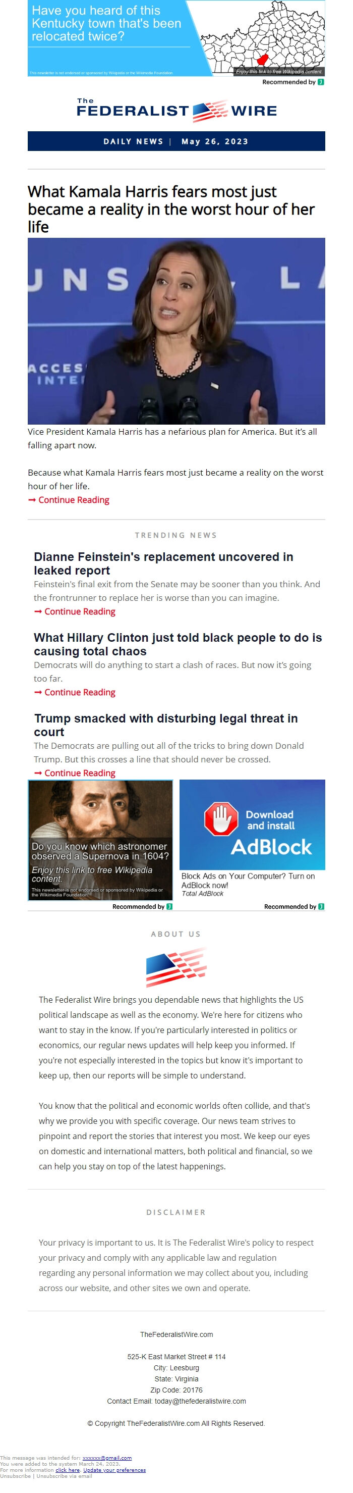 Screenshot of the email generated on import