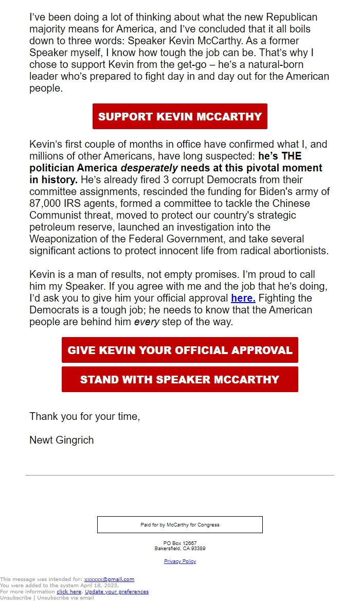 Screenshot of the email generated on import