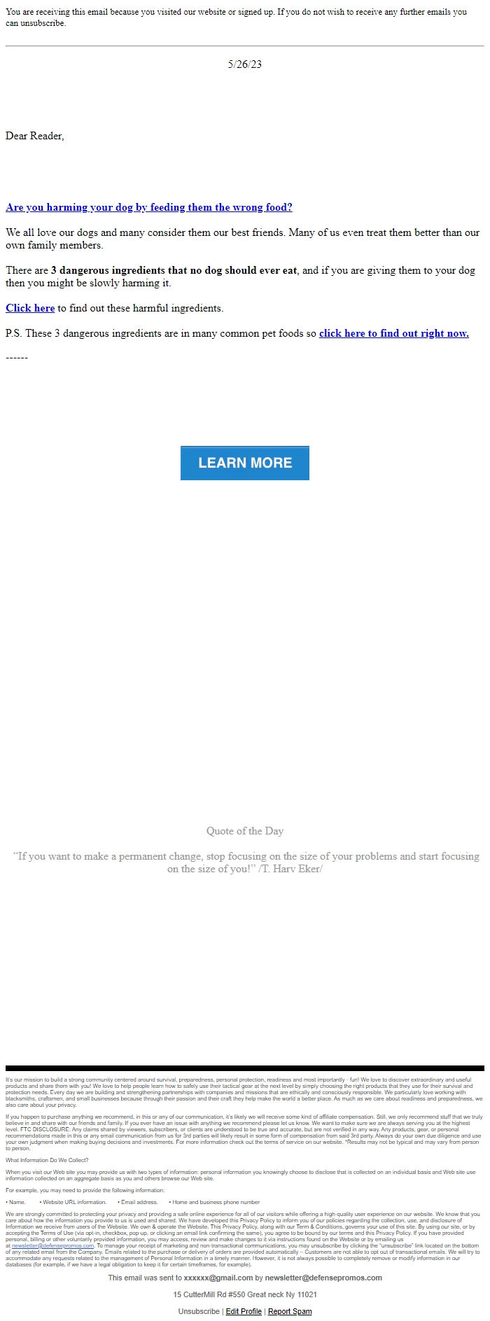 Screenshot of the email generated on import