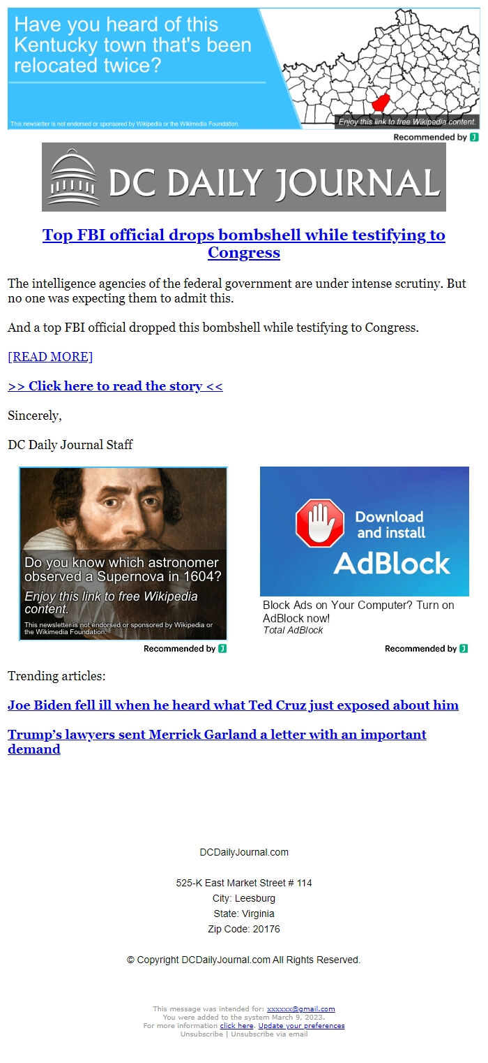 Screenshot of the email generated on import