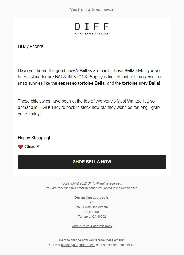 Screenshot of the email generated on import