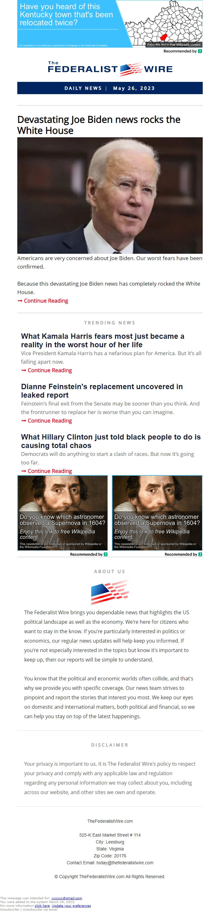 Screenshot of the email generated on import