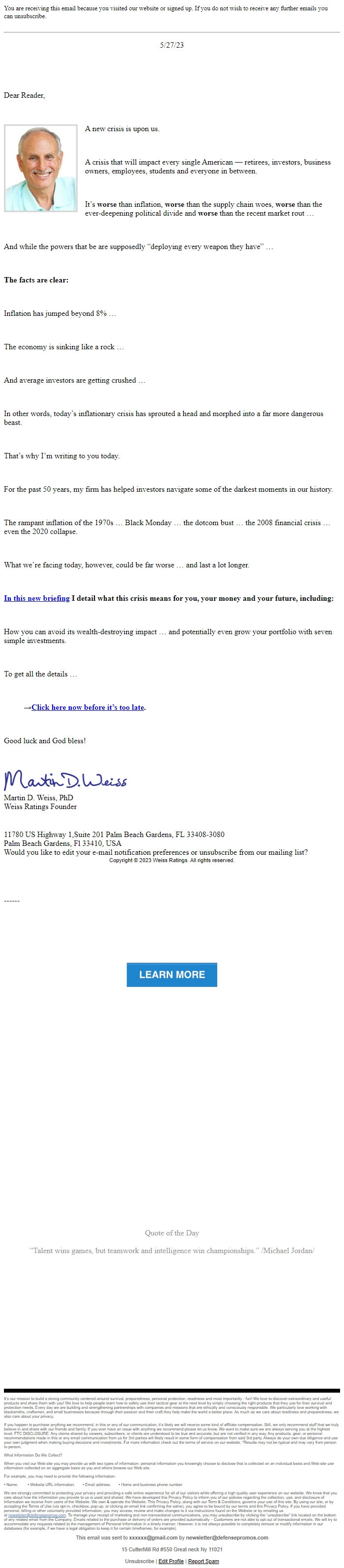 Screenshot of the email generated on import