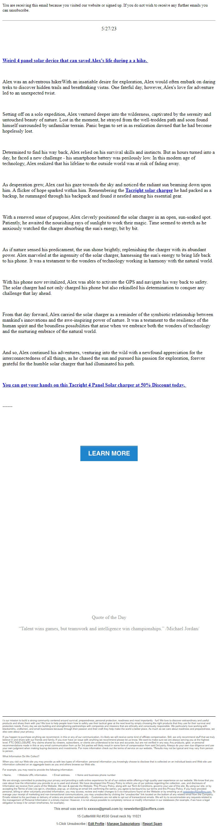 Screenshot of the email generated on import