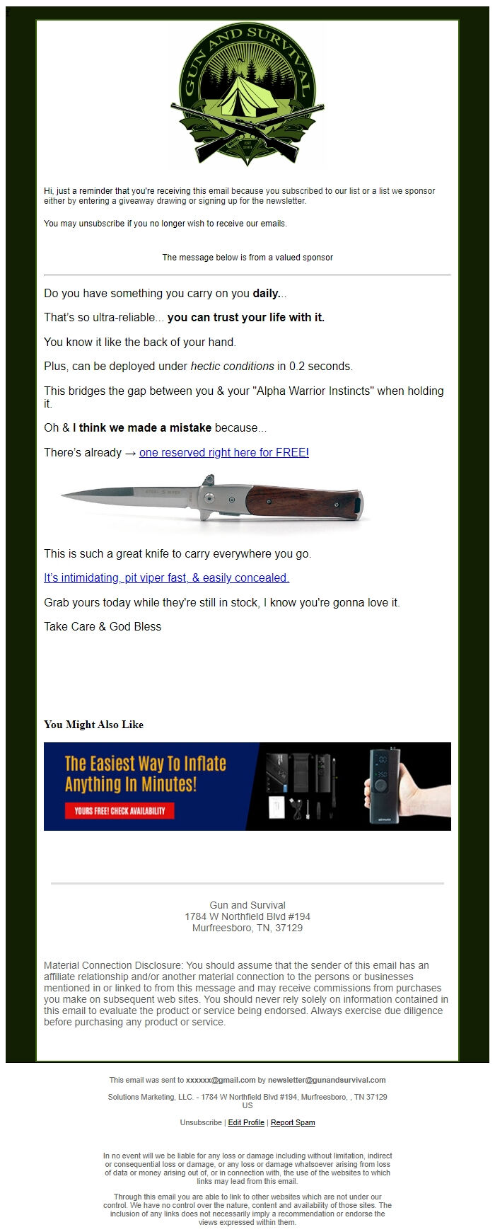 Screenshot of the email generated on import