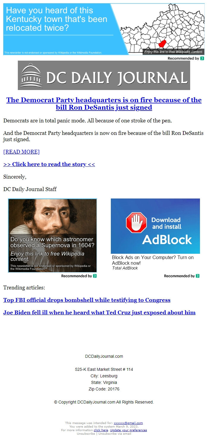 Screenshot of the email generated on import