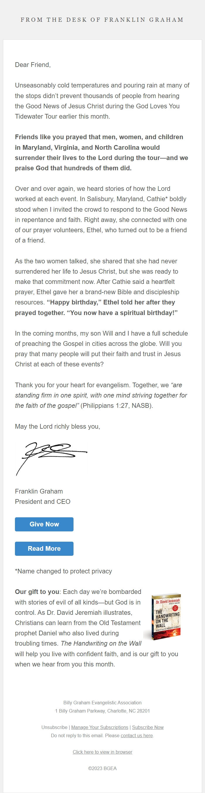 Screenshot of the email generated on import