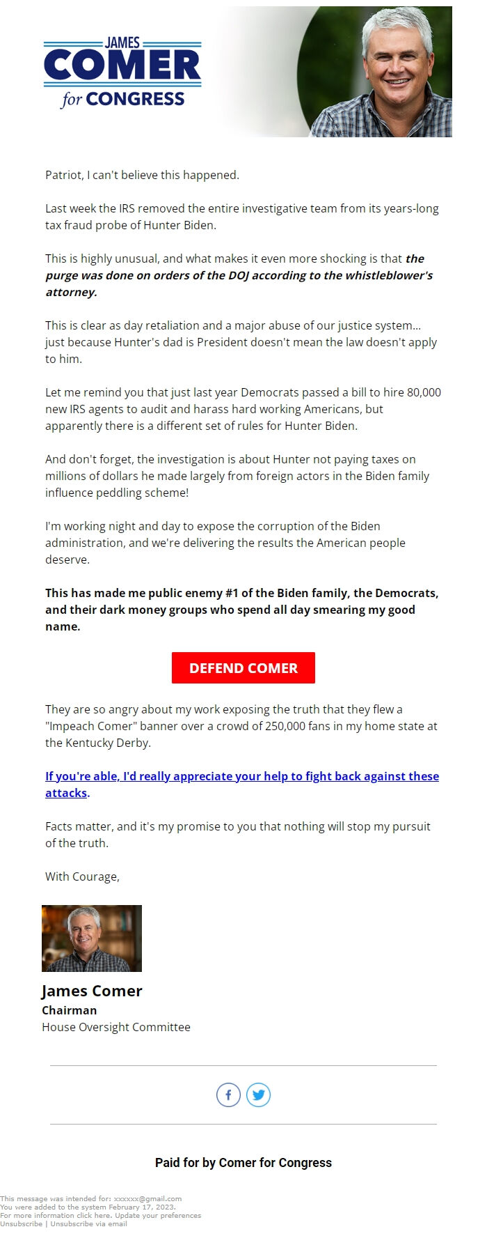 Screenshot of the email generated on import