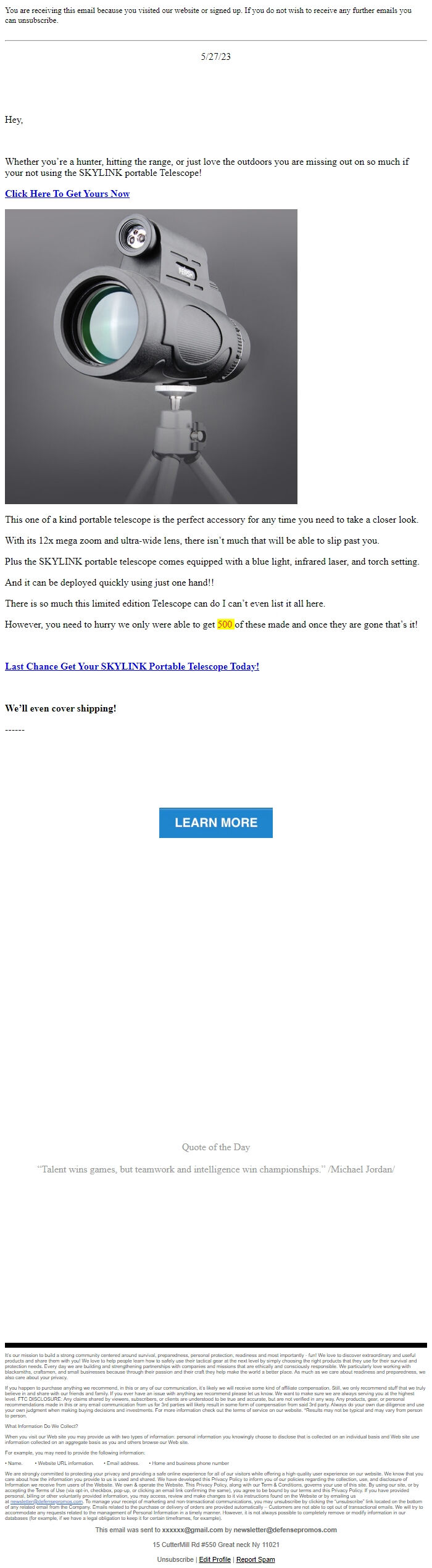 Screenshot of the email generated on import