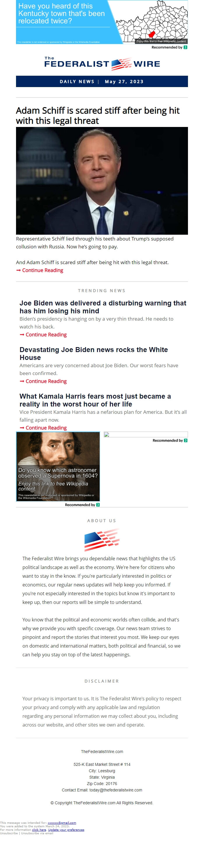 Screenshot of the email generated on import