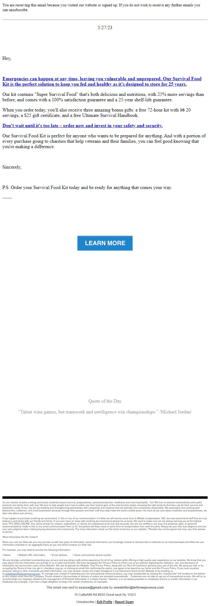 Screenshot of the email generated on import