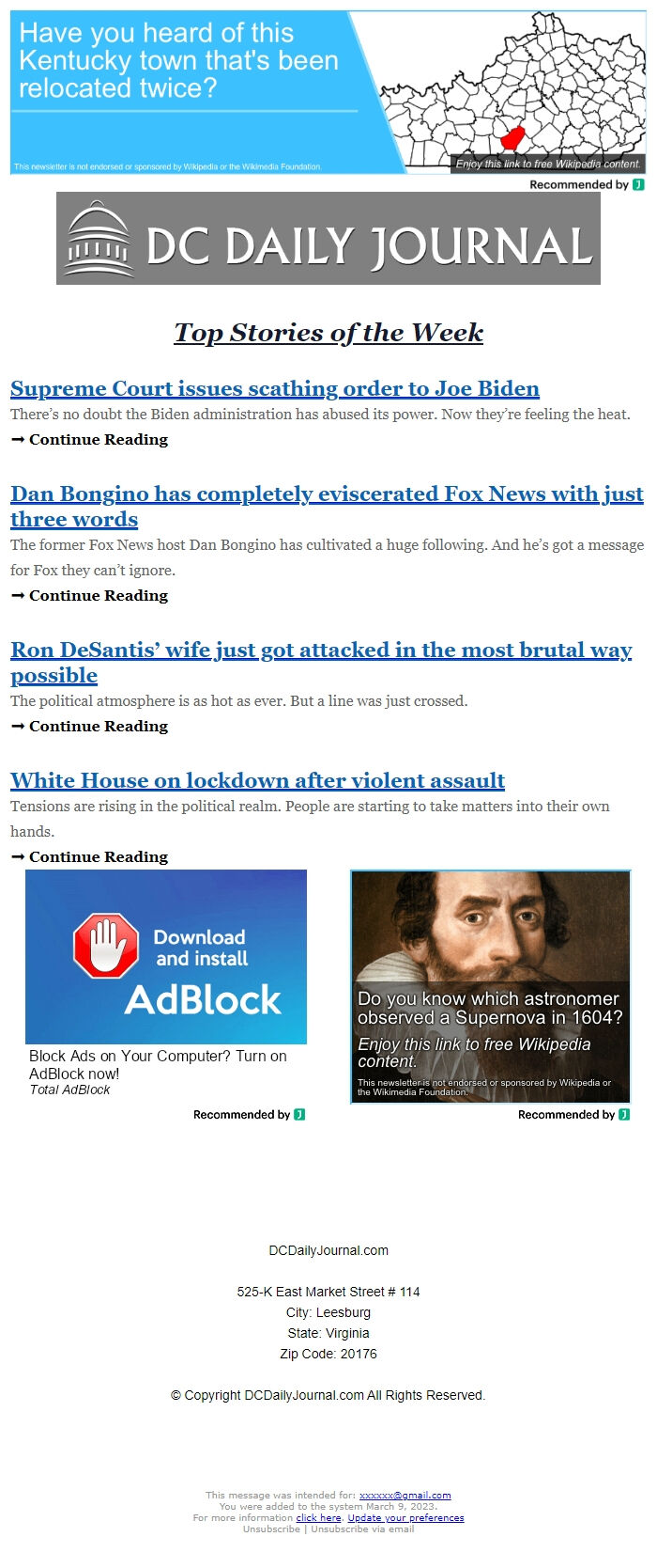 Screenshot of the email generated on import