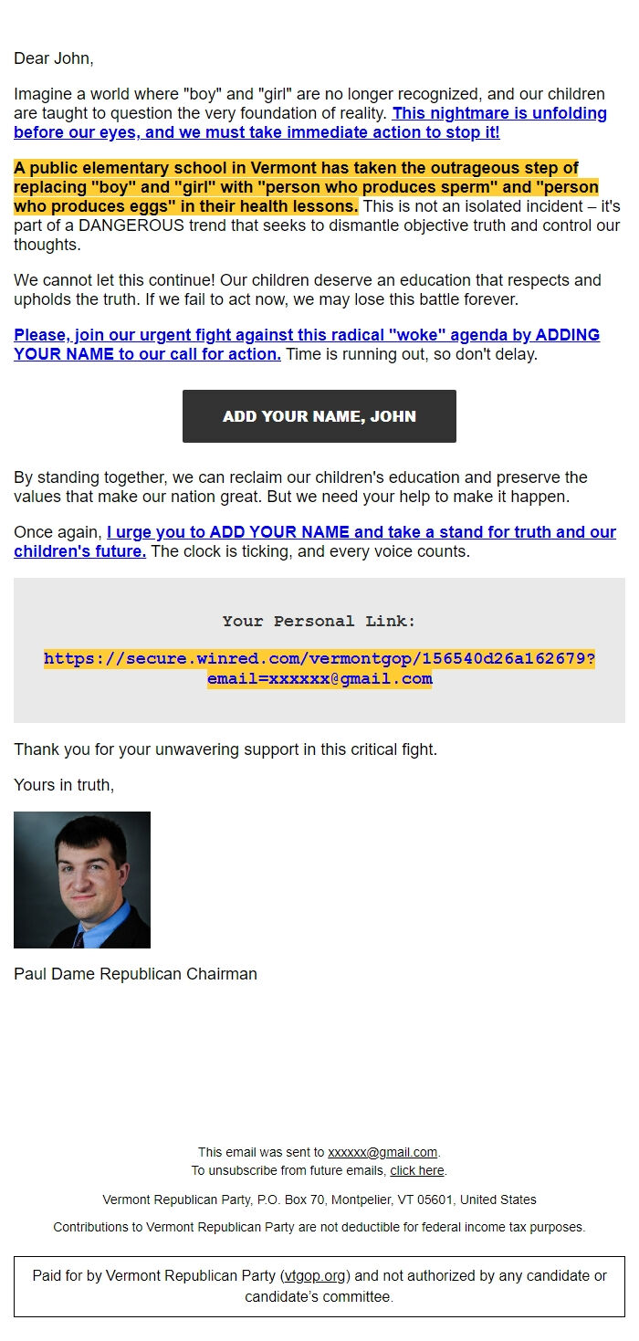 Screenshot of the email generated on import