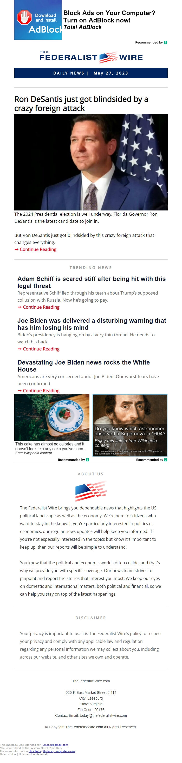 Screenshot of the email generated on import