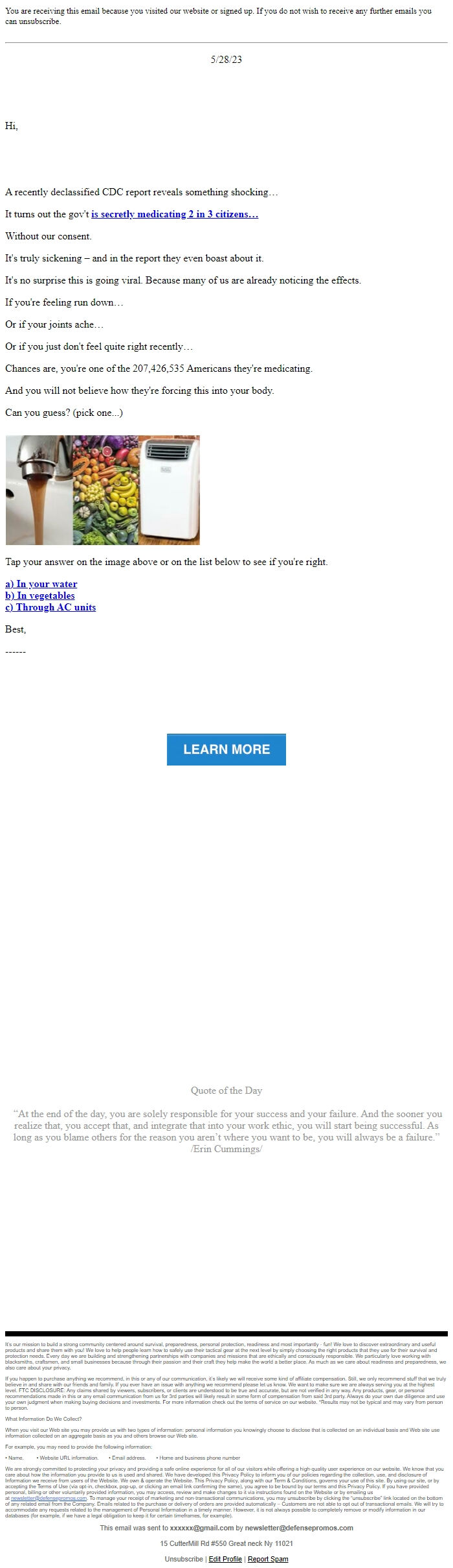 Screenshot of the email generated on import