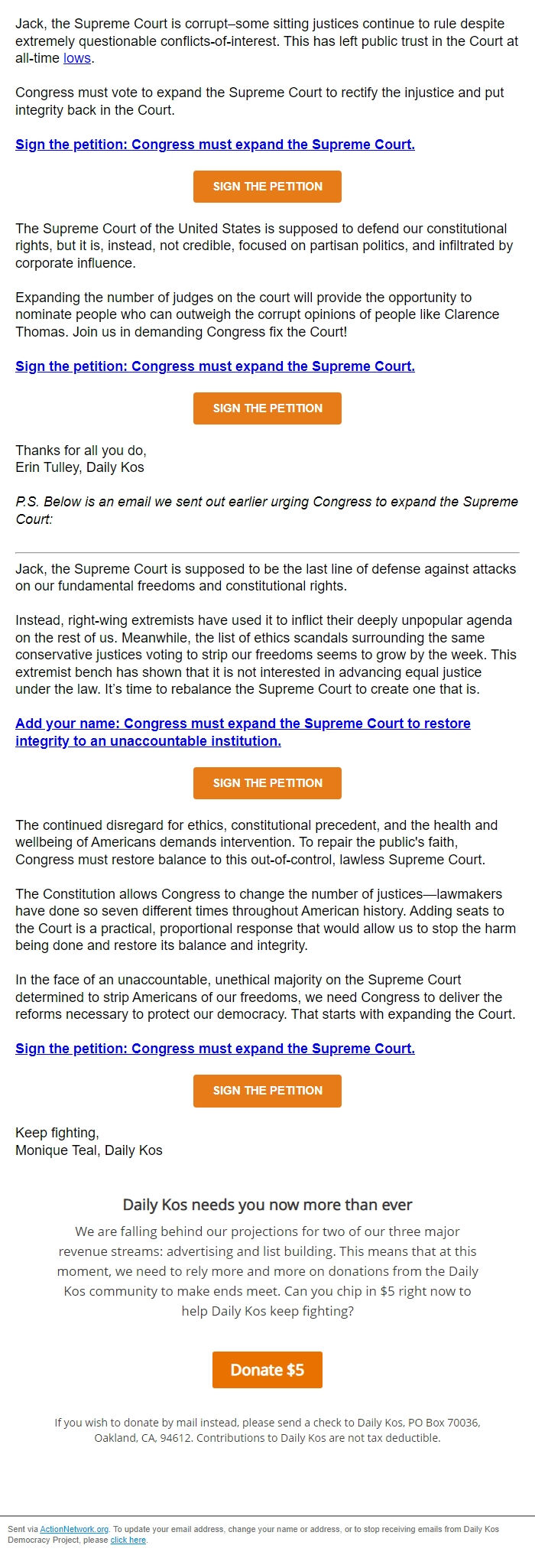 Screenshot of the email generated on import