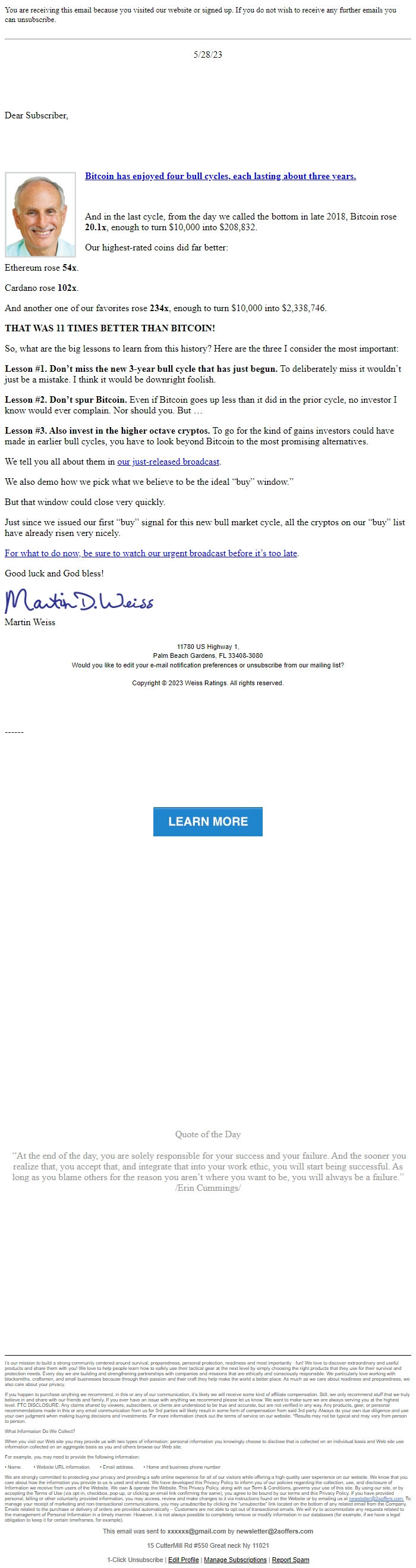 Screenshot of the email generated on import