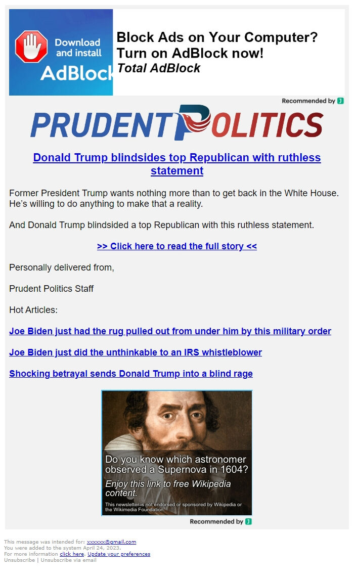 Screenshot of the email generated on import