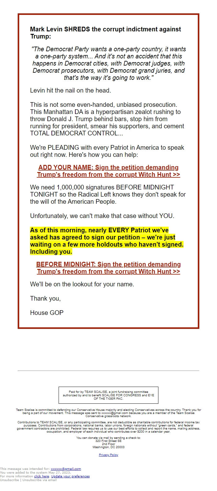 Screenshot of the email generated on import