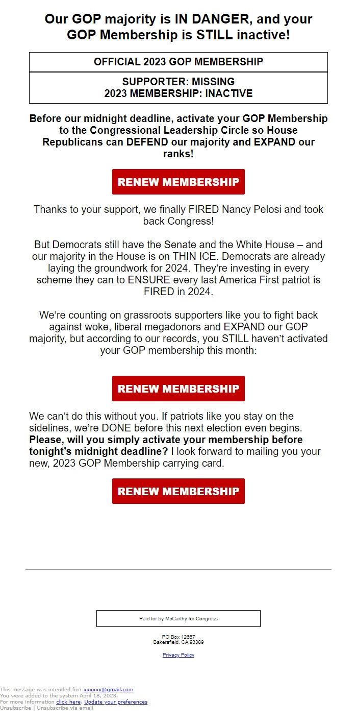 Screenshot of the email generated on import