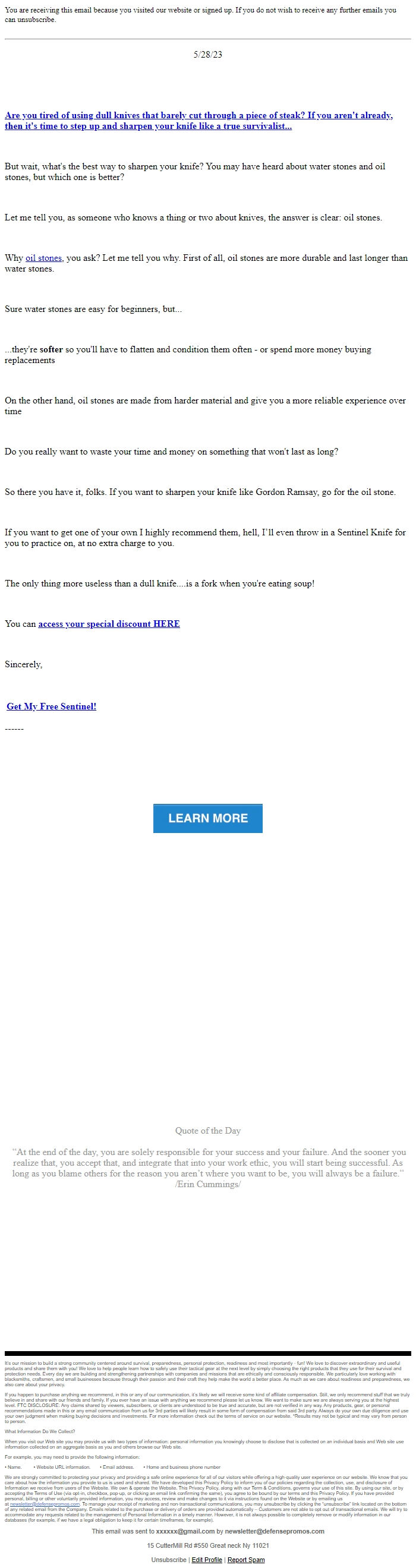 Screenshot of the email generated on import