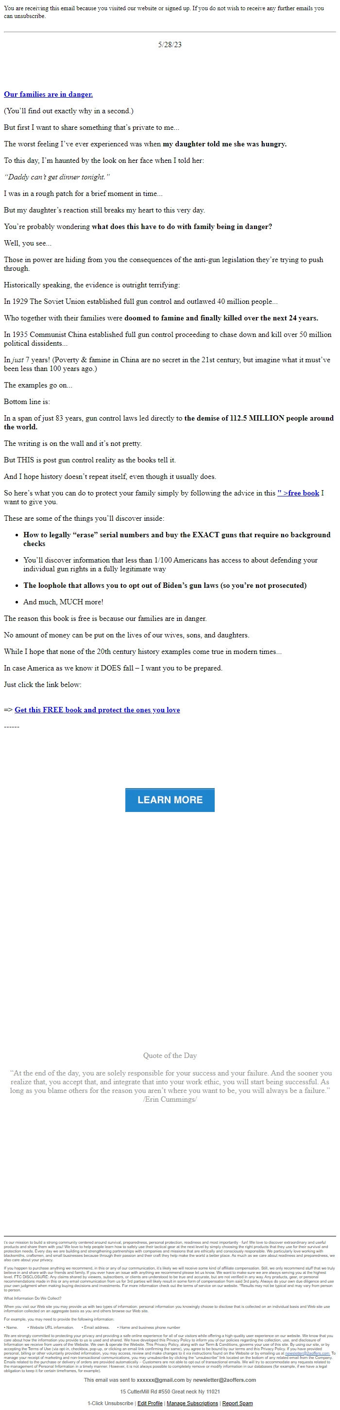 Screenshot of the email generated on import