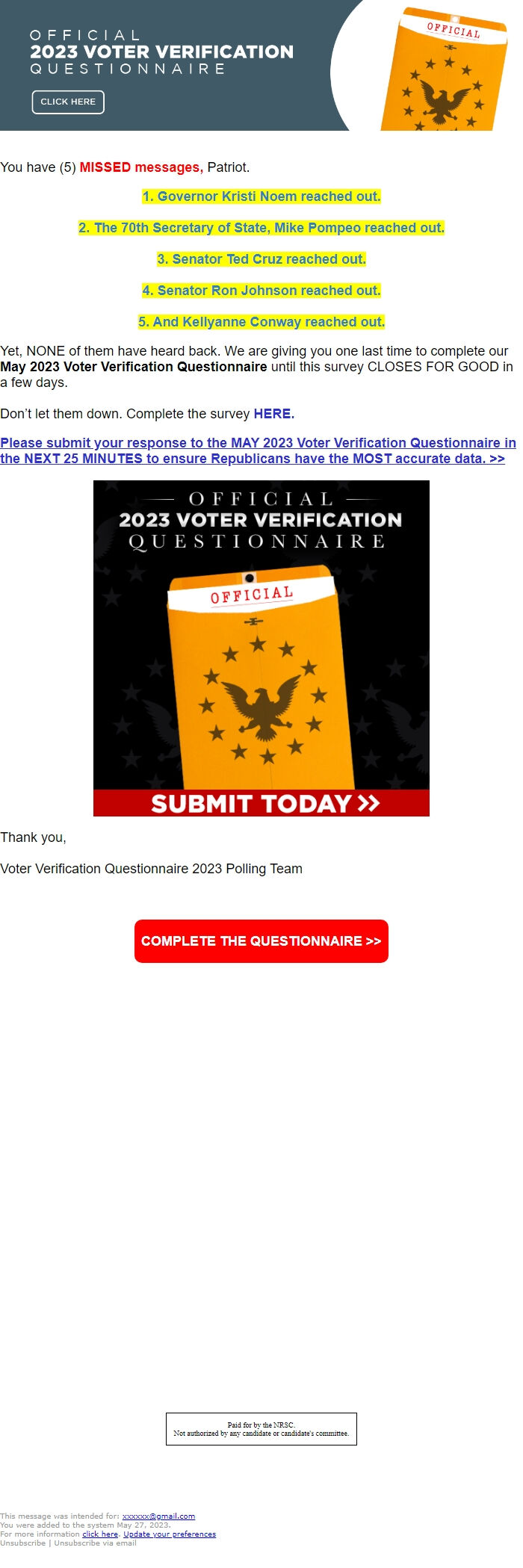 Screenshot of the email generated on import