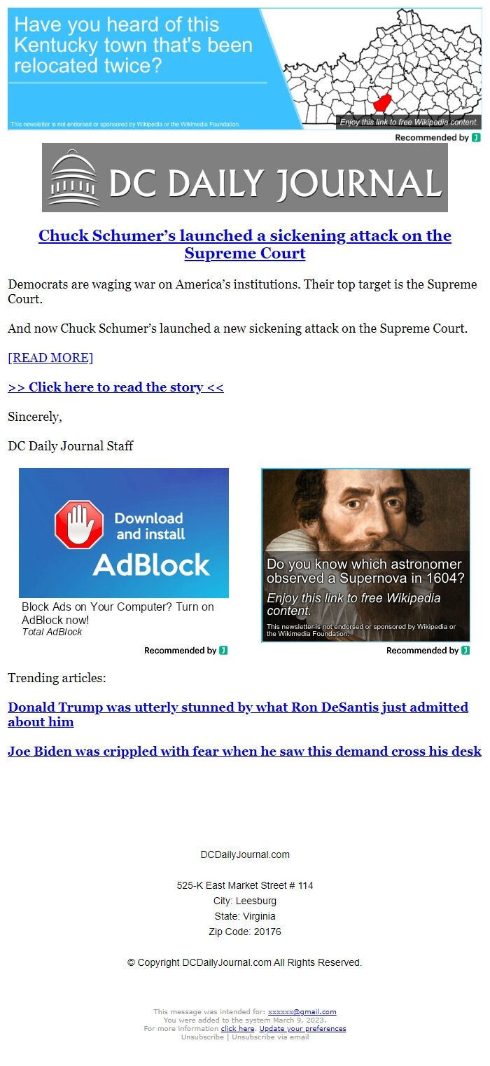 Screenshot of the email generated on import