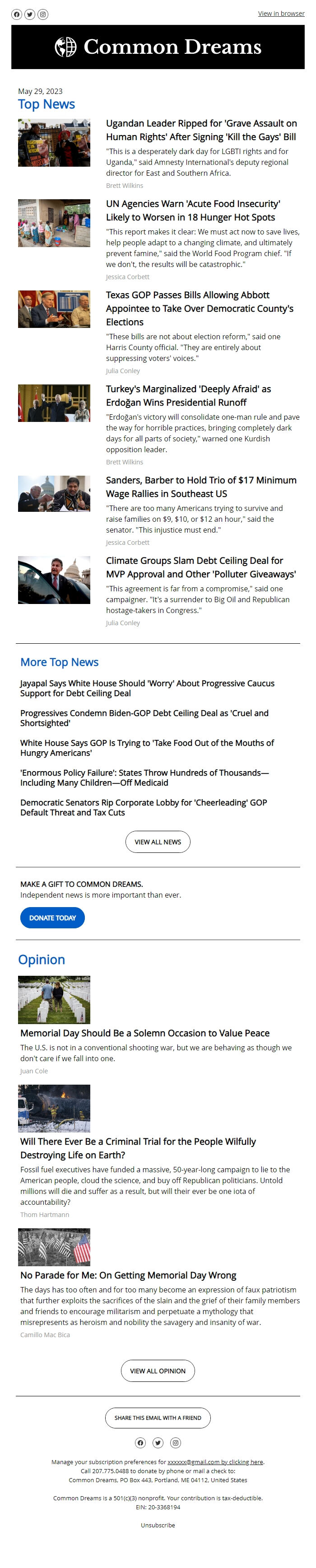 Screenshot of the email generated on import