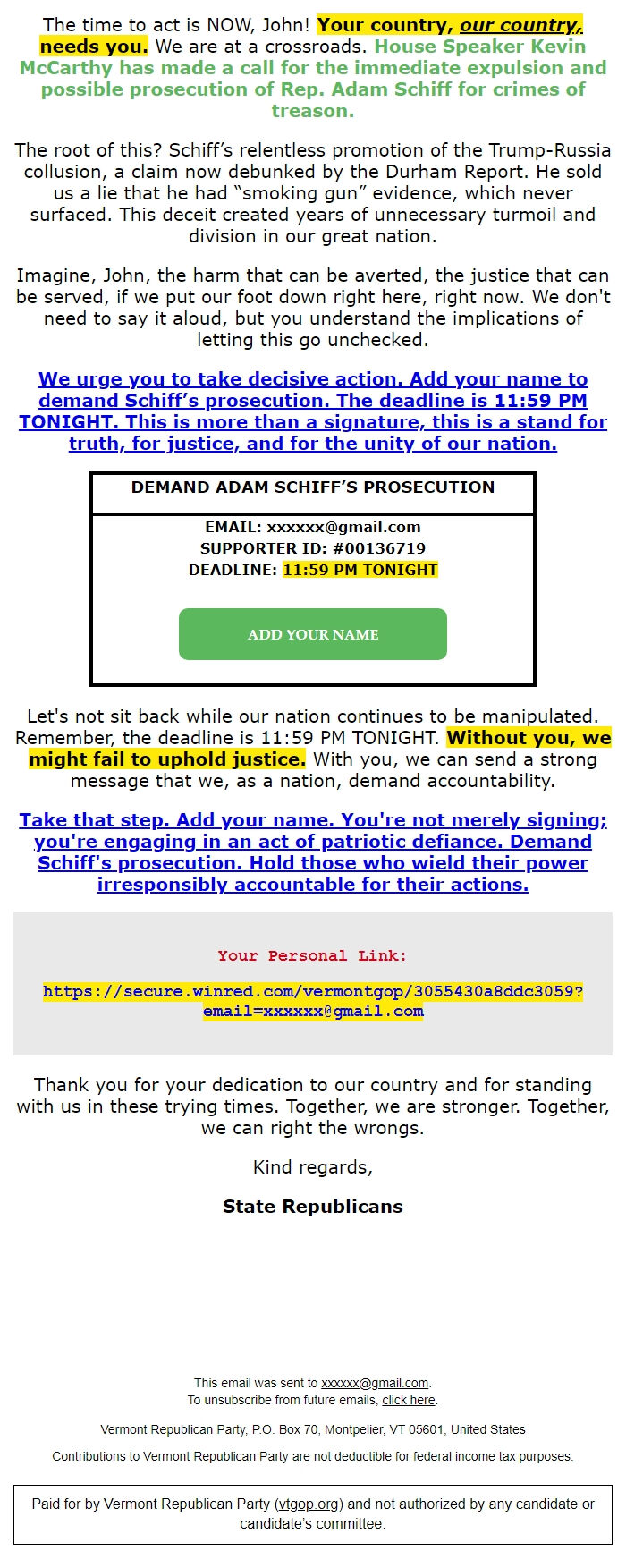 Screenshot of the email generated on import