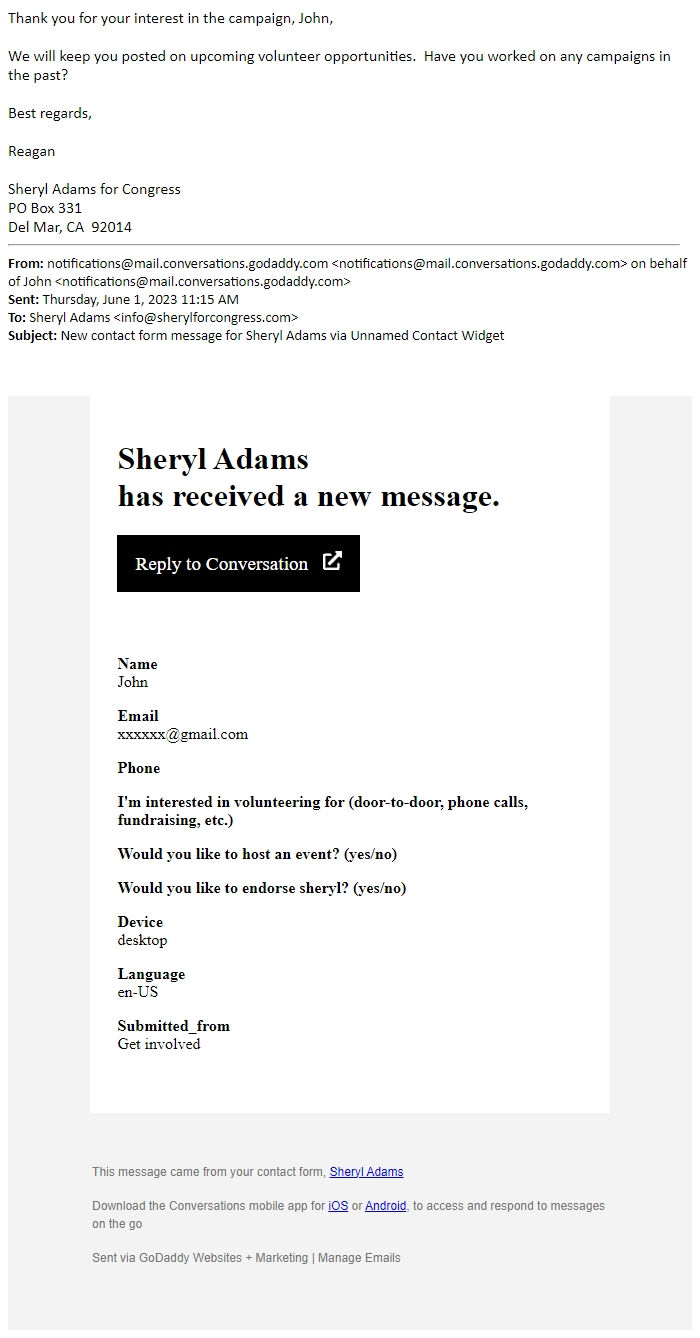 Screenshot of the email generated on import