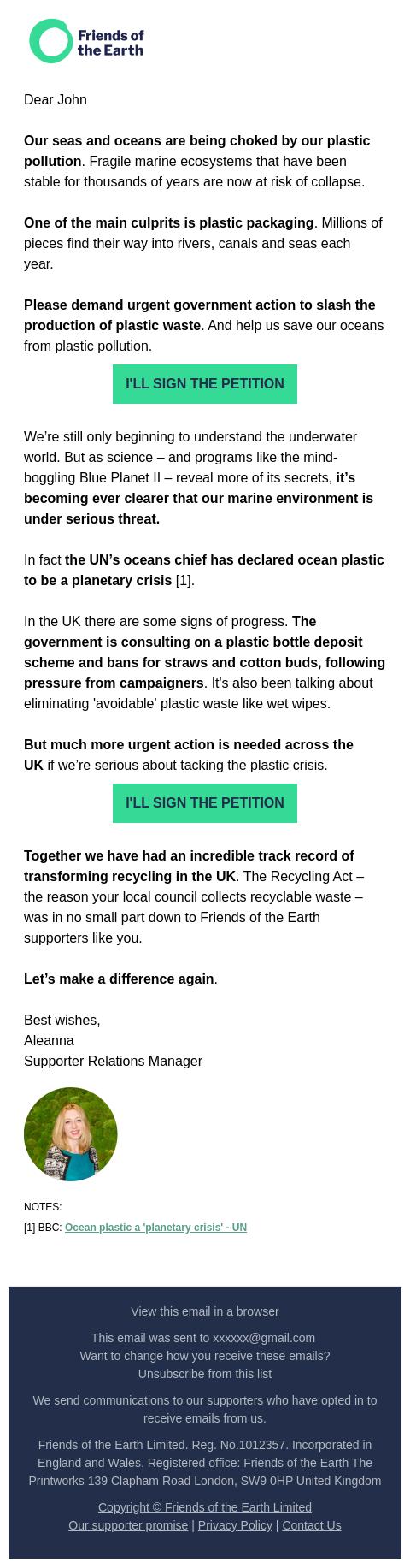 Screenshot of the email generated on import