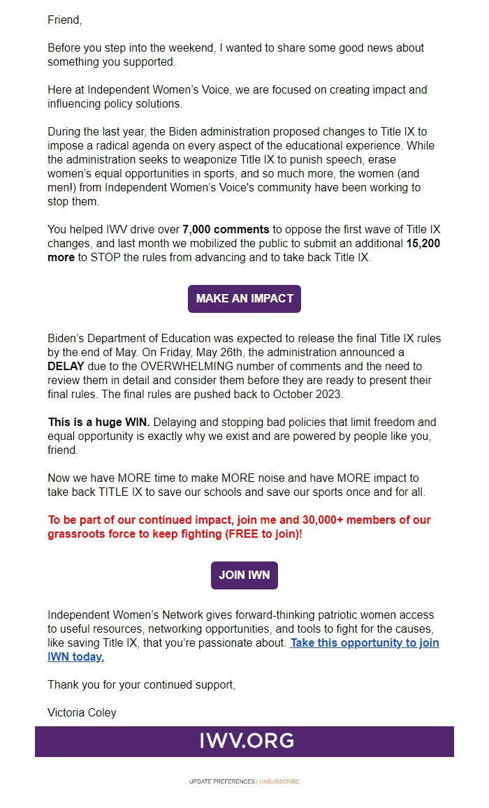 Screenshot of the email generated on import